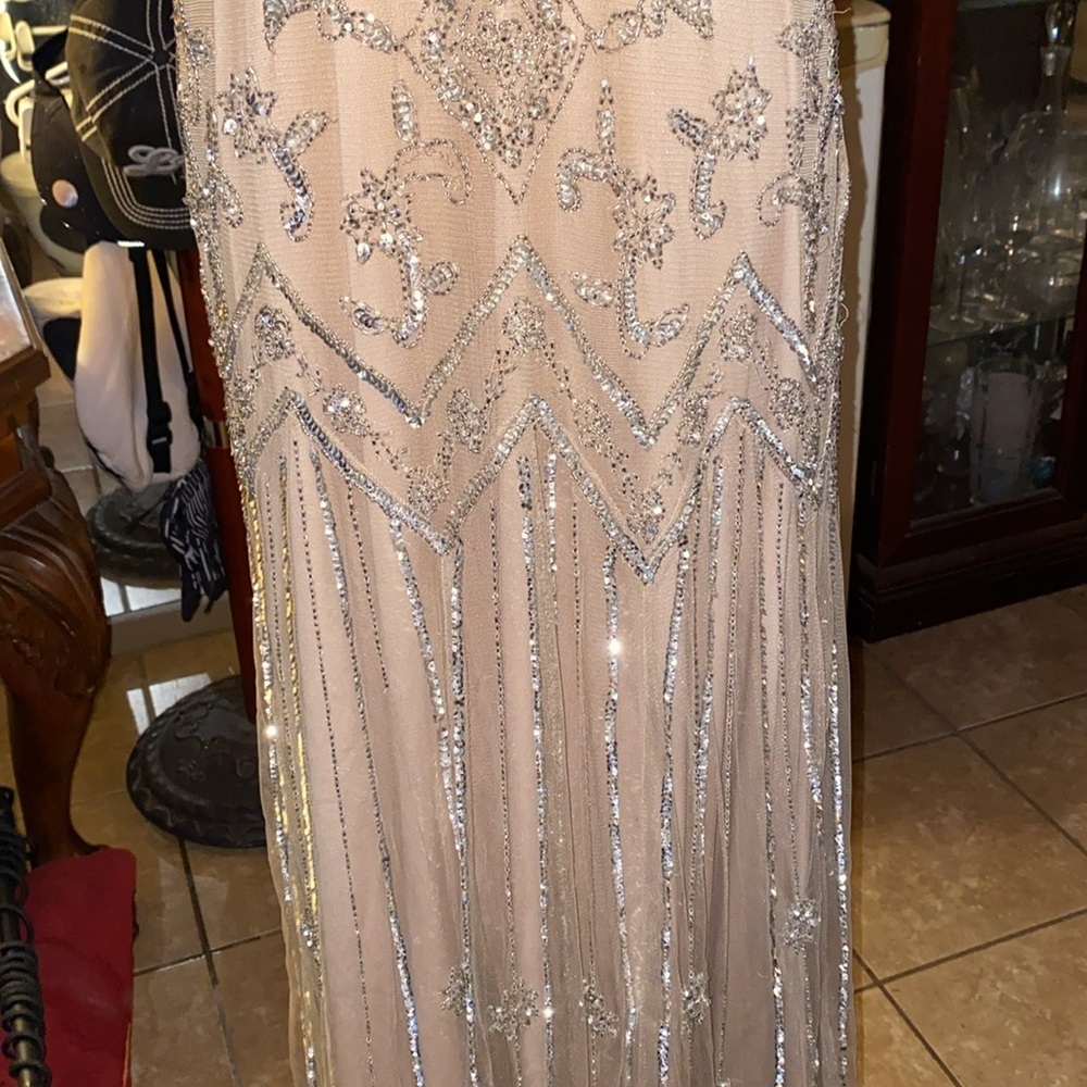 Pisarro Nights Beaded Mesh Column silver and gold beading Gown Womens Size 14 - Picture 5 of 11